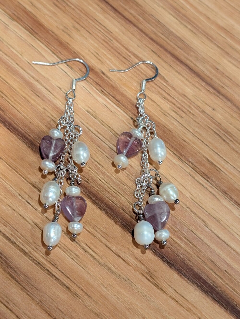 Silver Pearl and Lavender Bead Dangle Earrings